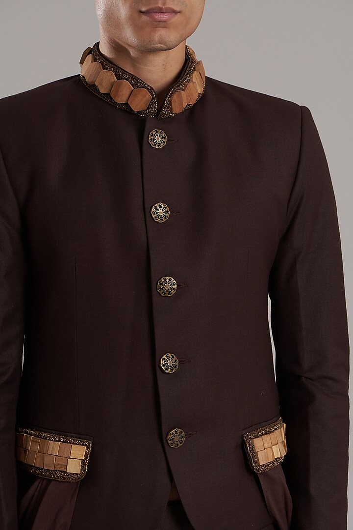 Brown Viscose & Polyester Embroidered Draped Wedding Indowestern Set by Jubinav Chadha Men at Pernia's Pop Up Shop