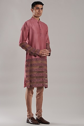 Dusty Rose Pink Embroidered Kurta Set by Jubinav Chadha Men