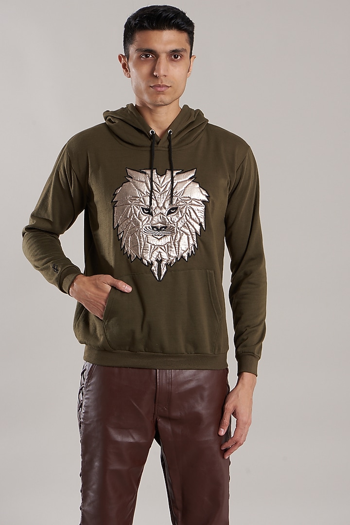 Army Green Cotton Jersey Quilted Motif Sweatshirt by Jubinav Chadha Men at Pernia's Pop Up Shop