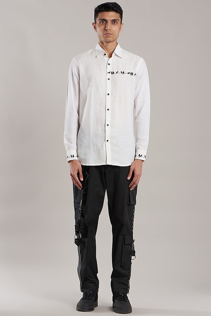 White Linen Embroidered Shirt by Jubinav Chadha Men