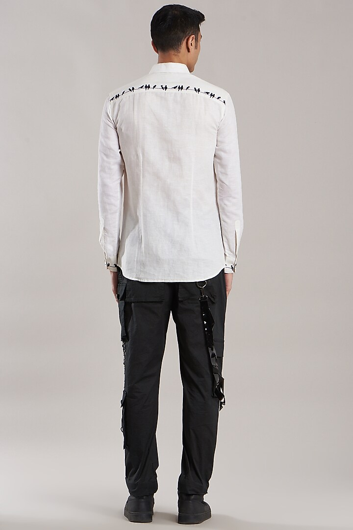 White Linen Embroidered Party Wear Shirt by Jubinav Chadha Men at Pernia's Pop Up Shop