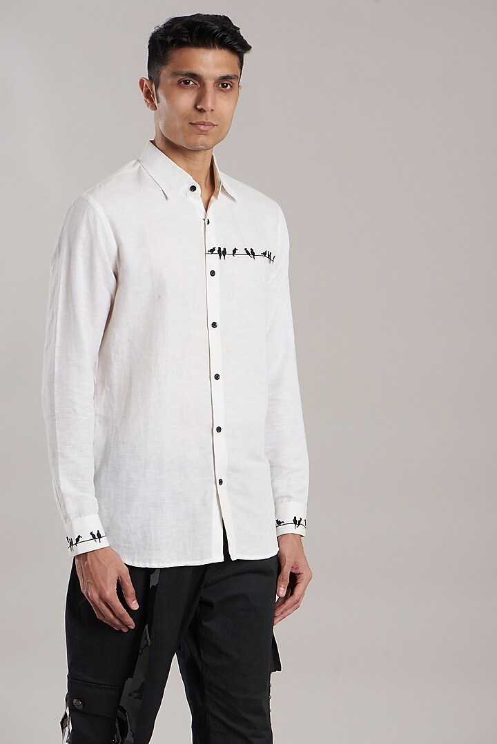 White Linen Embroidered Party Wear Shirt by Jubinav Chadha Men at Pernia's Pop Up Shop