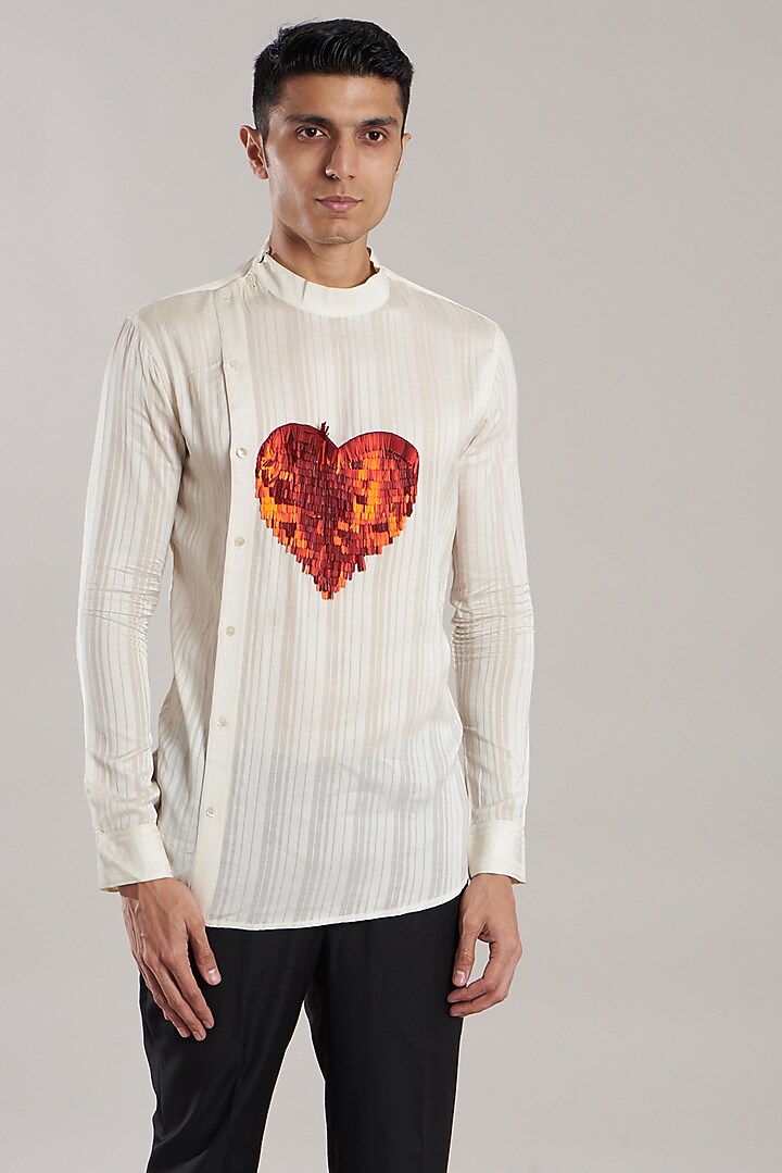 White Hand Embroidered Party Wear Shirt by Jubinav Chadha Men at Pernia's Pop Up Shop