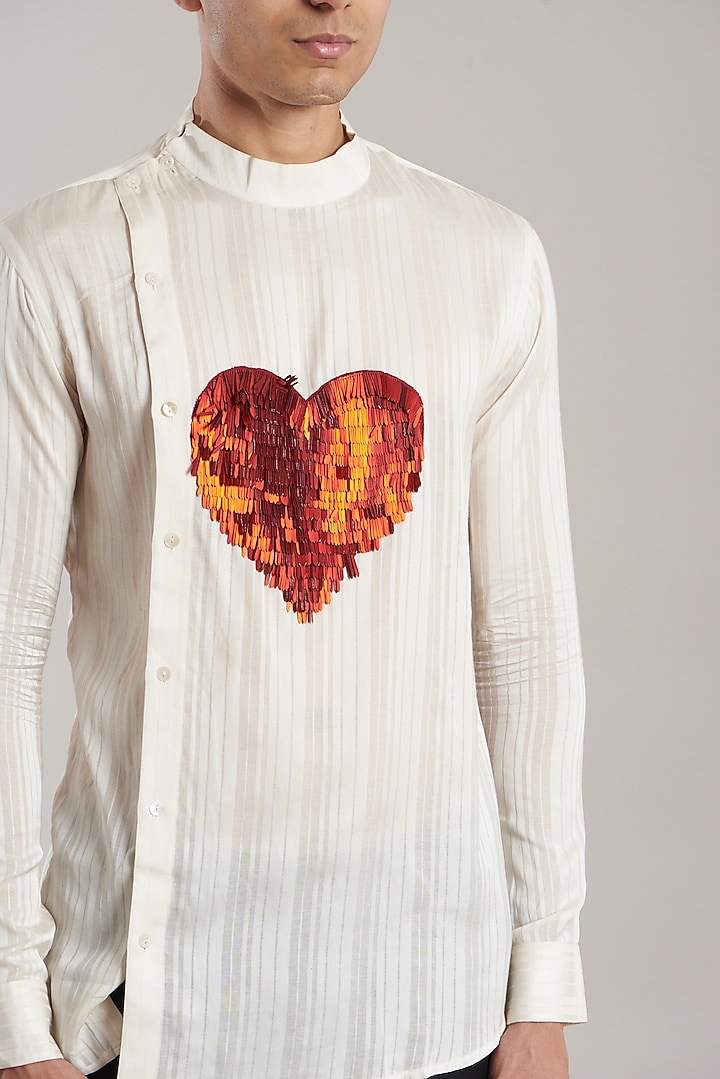 White Hand Embroidered Party Wear Shirt by Jubinav Chadha Men at Pernia's Pop Up Shop