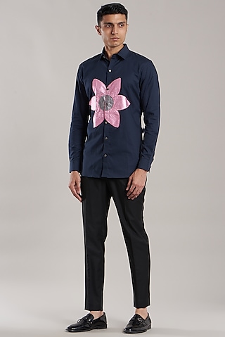 Navy Blue Embroidered Shirt by Jubinav Chadha Men