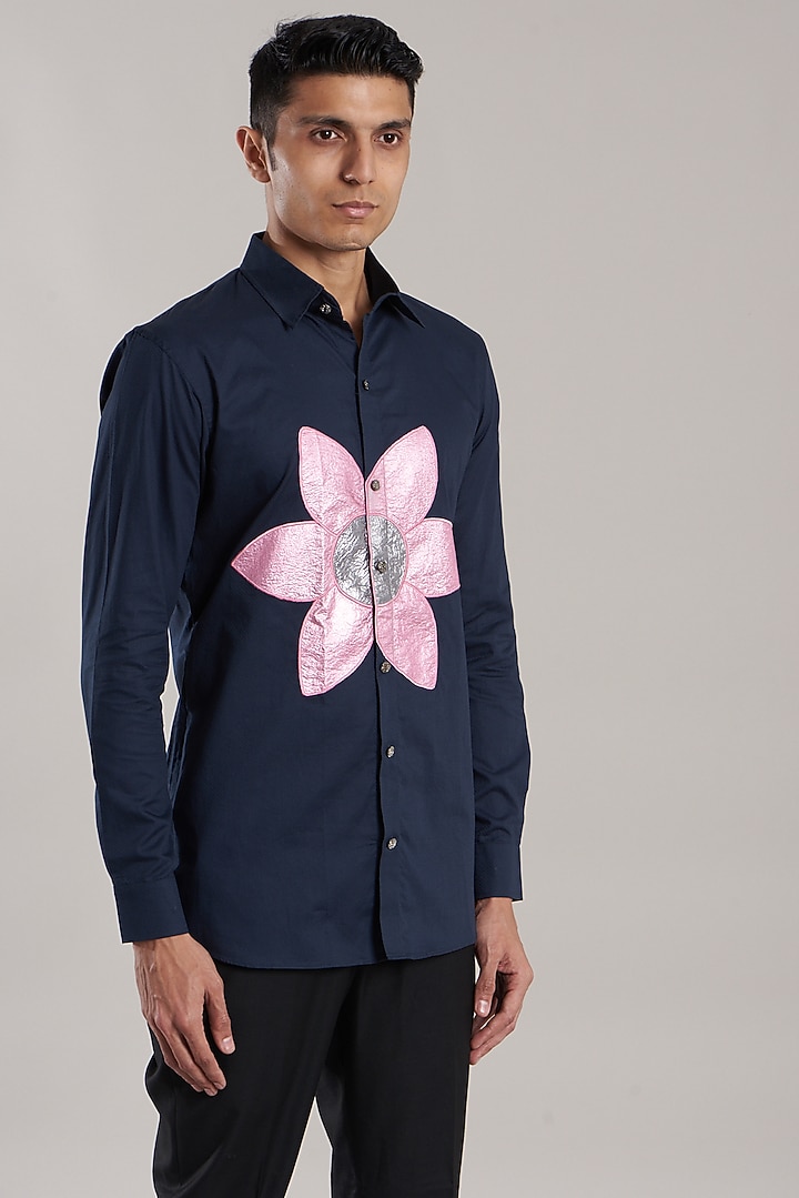 Navy Blue Embroidered Party Wear Shirt by Jubinav Chadha Men at Pernia's Pop Up Shop