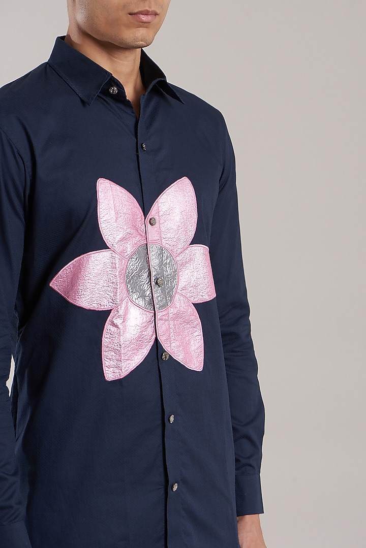Navy Blue Embroidered Party Wear Shirt by Jubinav Chadha Men at Pernia's Pop Up Shop