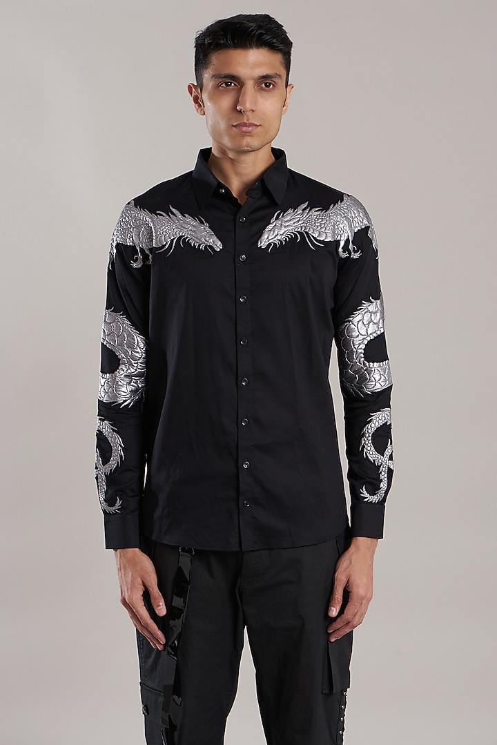 Black Embroidered Wedding Shirt by Jubinav Chadha Men at Pernia's Pop Up Shop