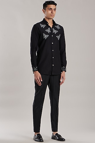 Black Lycra Embroidered Shirt by Jubinav Chadha Men