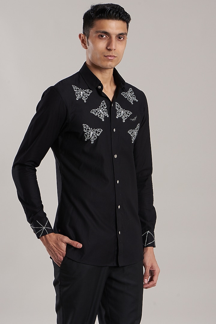Black Lycra Embroidered Party Wear Shirt by Jubinav Chadha Men at Pernia's Pop Up Shop