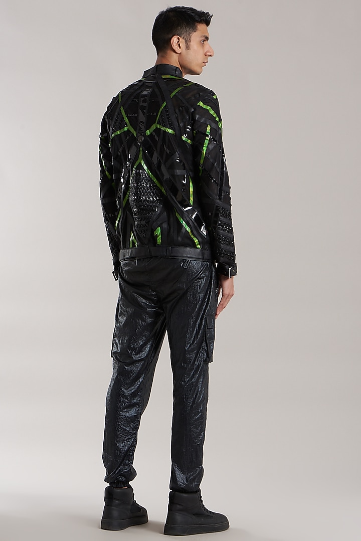Black & Green Vegan Leather Jacket by Jubinav Chadha Men at Pernia's Pop Up Shop