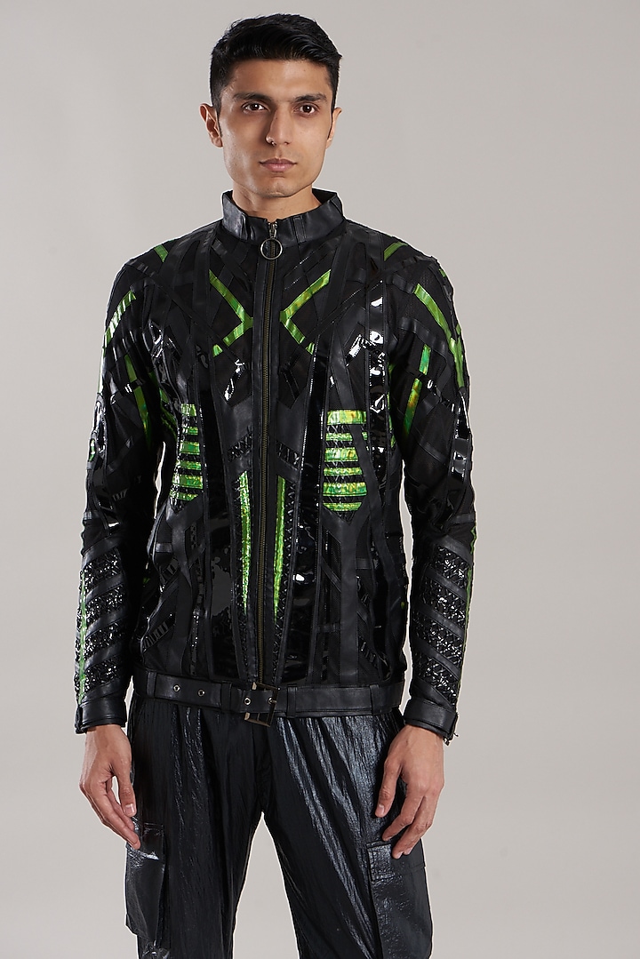 Black & Green Vegan Leather Jacket by Jubinav Chadha Men at Pernia's Pop Up Shop