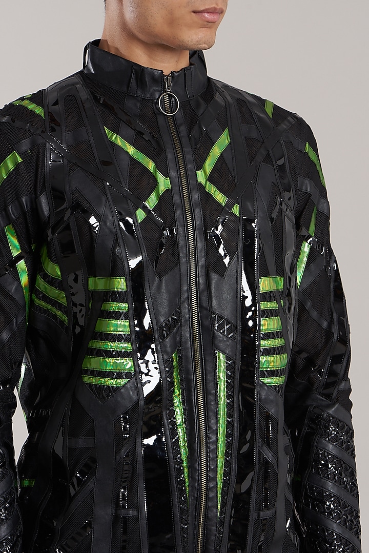 Black & Green Vegan Leather Jacket by Jubinav Chadha Men at Pernia's Pop Up Shop