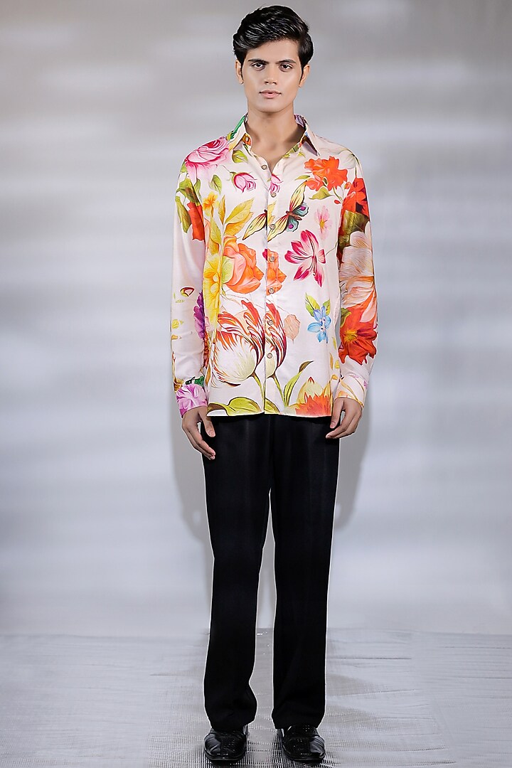 Pink Cotton Silk Floral Printed Party Wear Shirt by Jubinav Chadha Men at Pernia's Pop Up Shop