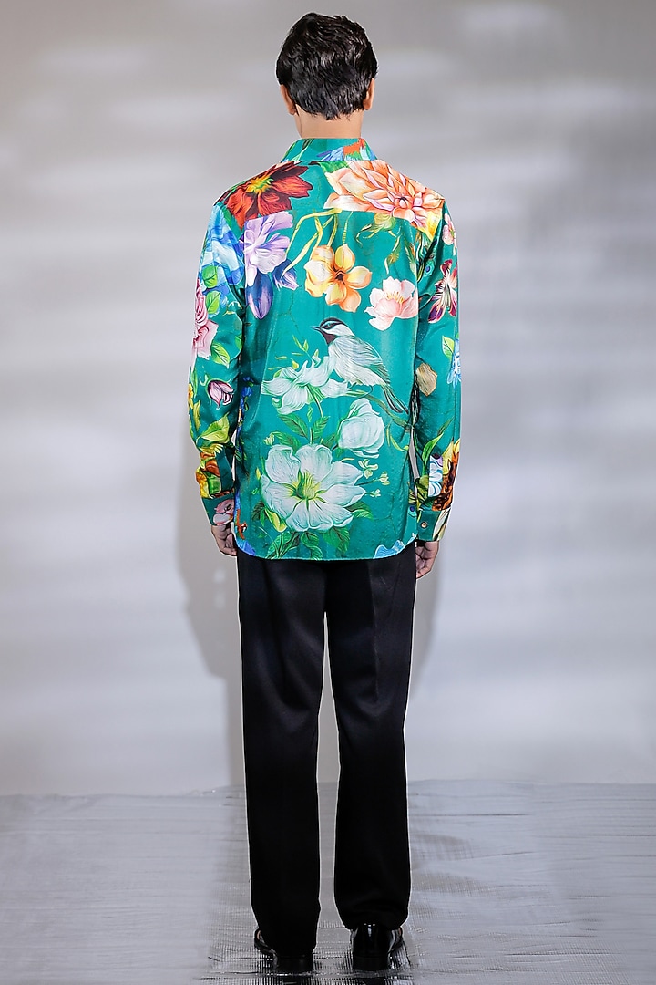 Green Cotton Silk Floral Printed Party Wear Shirt by Jubinav Chadha Men at Pernia's Pop Up Shop