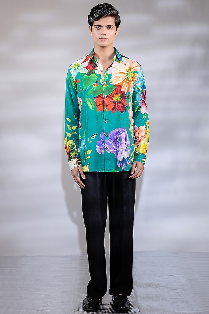 Green Cotton Silk Floral Printed Party Wear Shirt by Jubinav Chadha Men at Pernia's Pop Up Shop