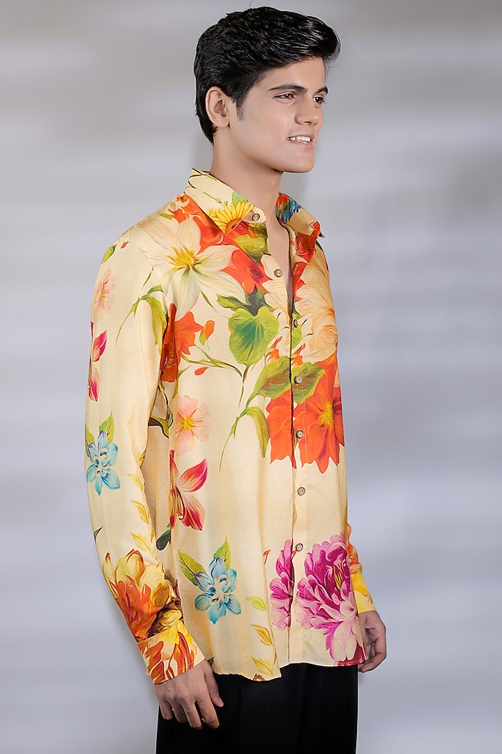 Yellow Cotton Silk Floral Printed Shirt by Jubinav Chadha Men