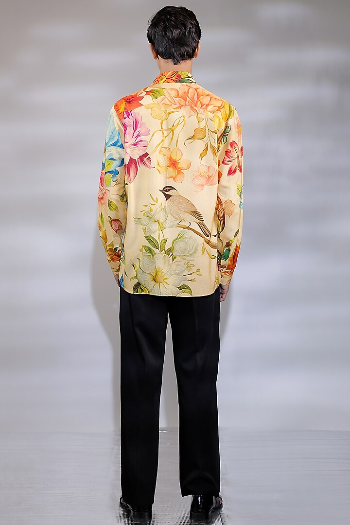 Yellow Cotton Silk Floral Printed Party Wear Shirt by Jubinav Chadha Men at Pernia's Pop Up Shop