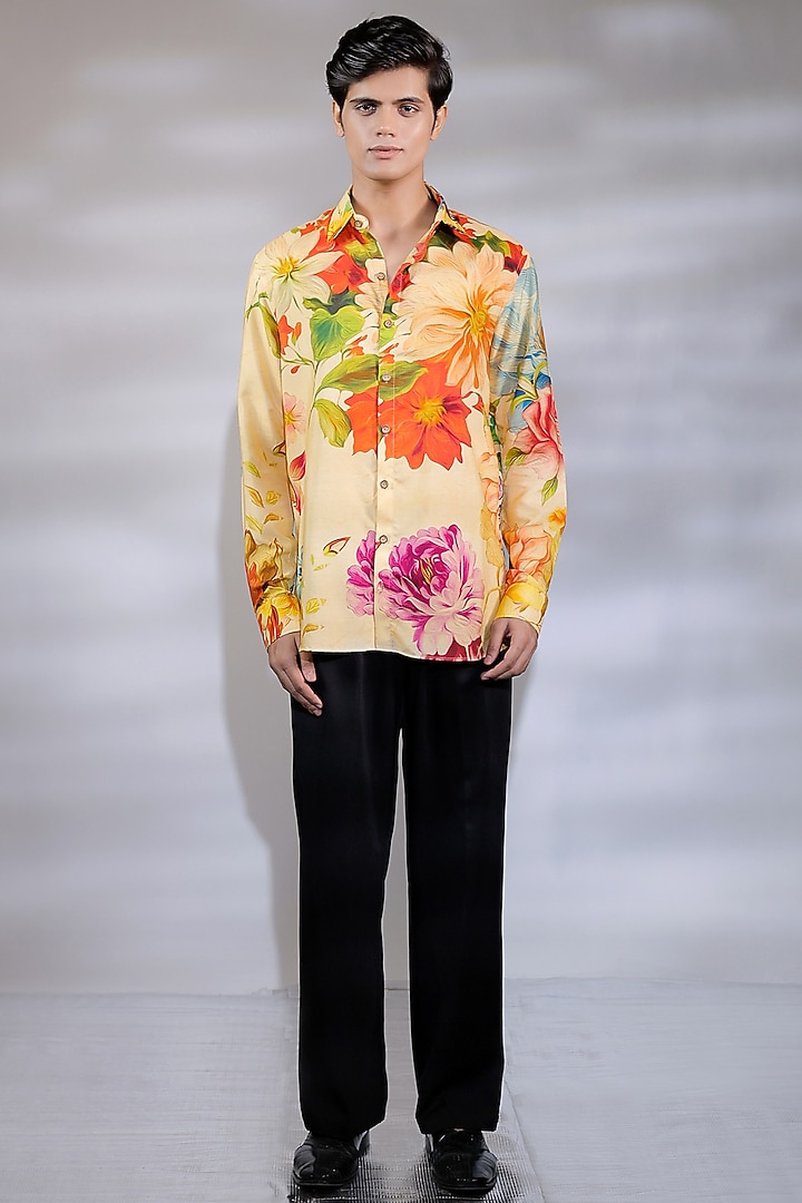 Yellow Cotton Silk Floral Printed Party Wear Shirt by Jubinav Chadha Men at Pernia's Pop Up Shop