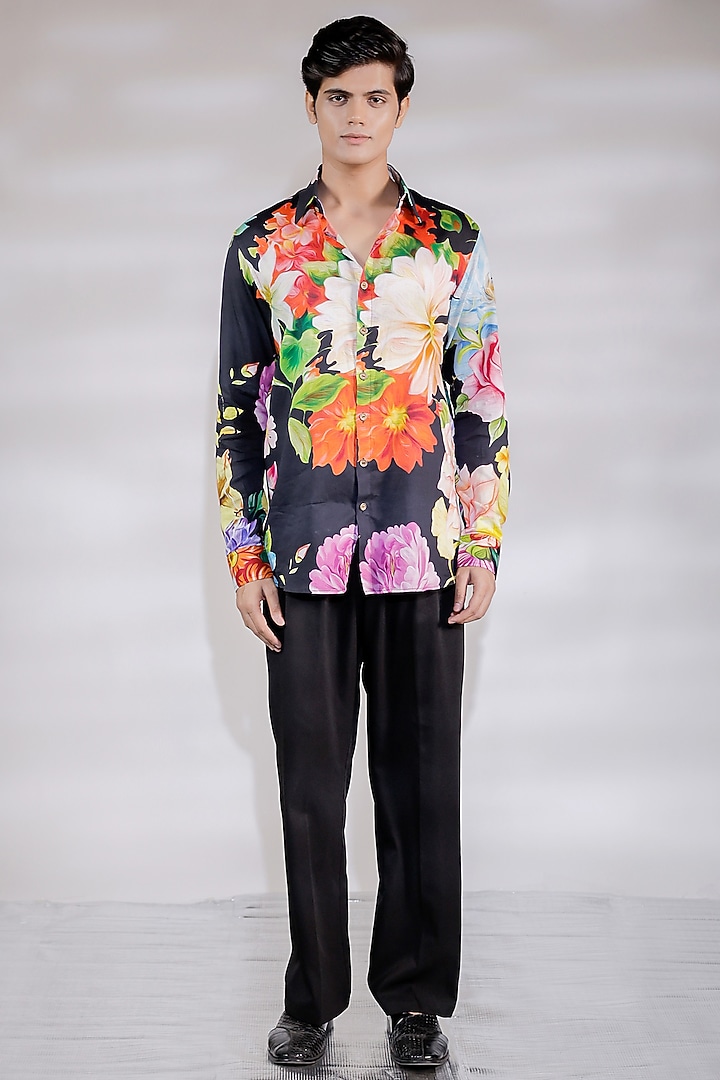 Black Glaze Cotton Floral Printed Party Wear Shirt by Jubinav Chadha Men at Pernia's Pop Up Shop