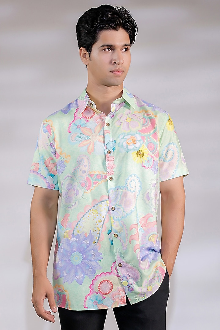 Multi-Colored Cotton Silk Floral Printed Party Wear Shirt by Jubinav Chadha Men at Pernia's Pop Up Shop