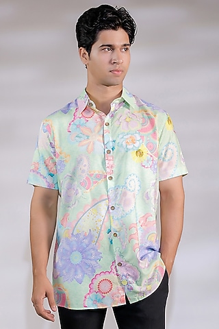 Multi-Colored Cotton Silk Floral Printed Shirt by Jubinav Chadha Men