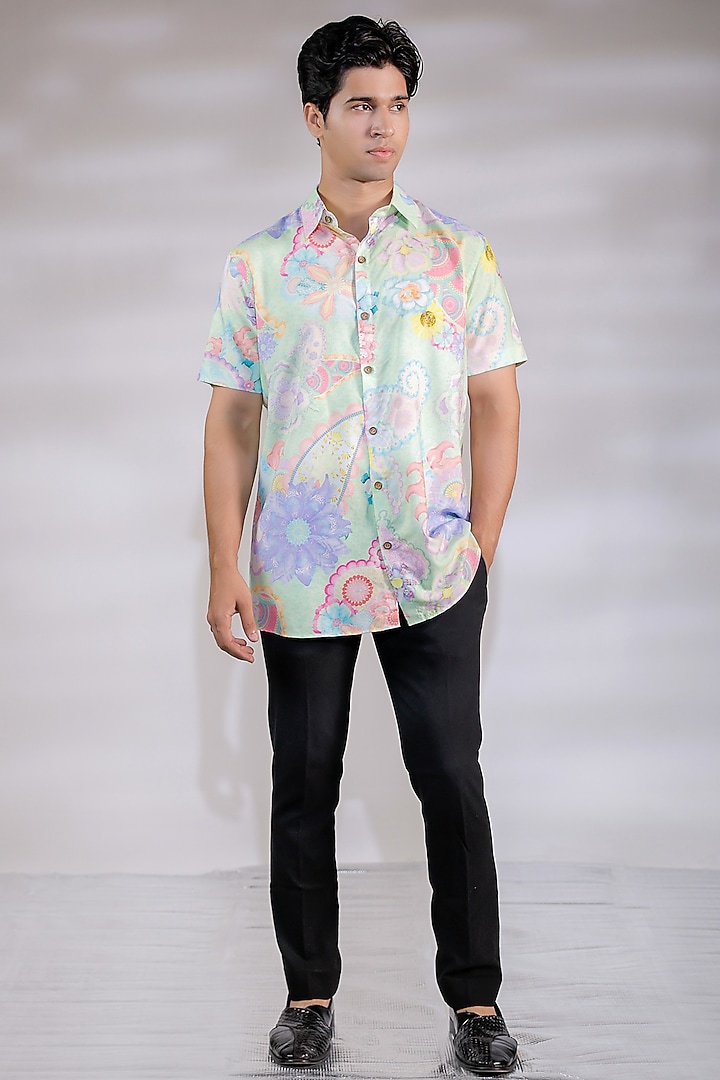 Multi-Colored Cotton Silk Floral Printed Party Wear Shirt by Jubinav Chadha Men at Pernia's Pop Up Shop
