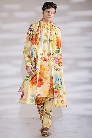 Yellow Cotton Silk Floral Printed Kurta Set by Jubinav Chadha Men