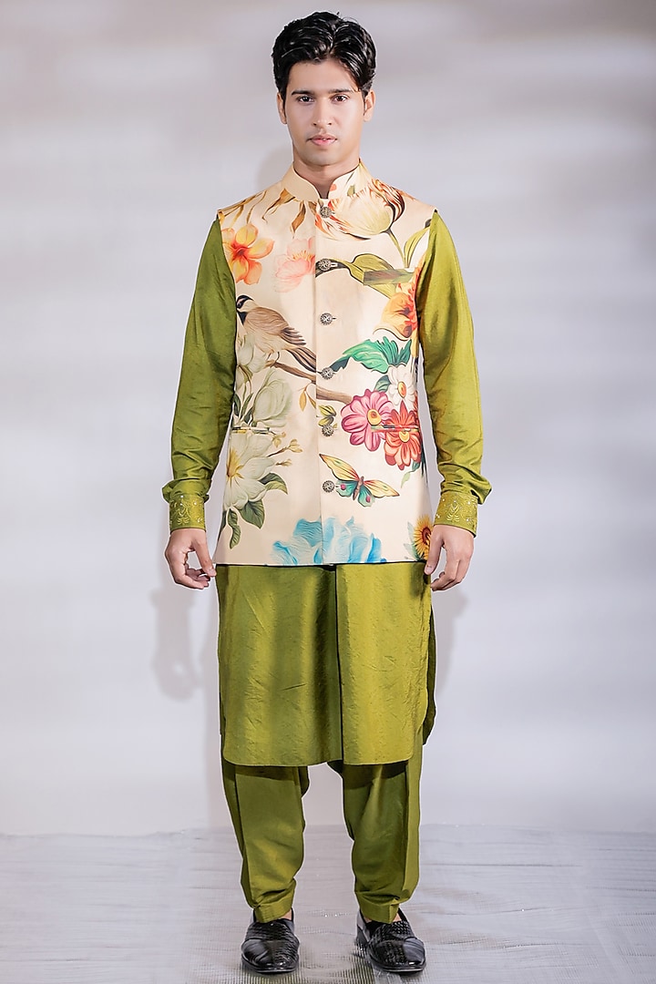 Yellow Crepe Floral Printed Nehru Jacket Set by Jubinav Chadha Men