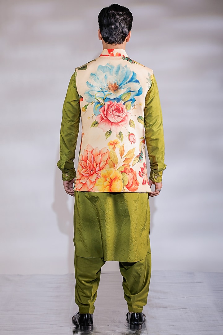 Yellow Crepe Floral Printed Nehru Jacket Set by Jubinav Chadha Men at Pernia's Pop Up Shop