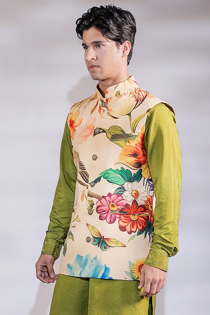 Yellow Crepe Floral Printed Nehru Jacket Set by Jubinav Chadha Men at Pernia's Pop Up Shop