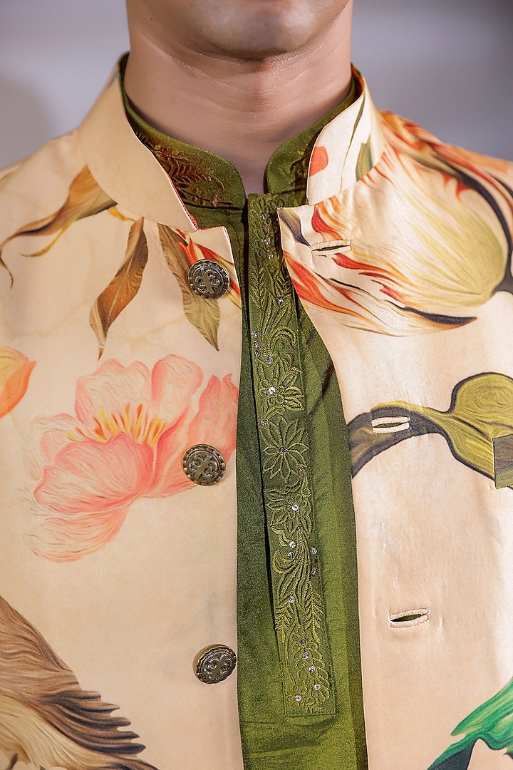Yellow Crepe Floral Printed Nehru Jacket Set by Jubinav Chadha Men at Pernia's Pop Up Shop