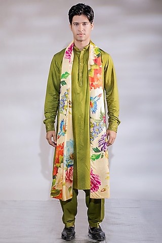 Earthy Green Cotton Silk Kurta Set by Jubinav Chadha Men