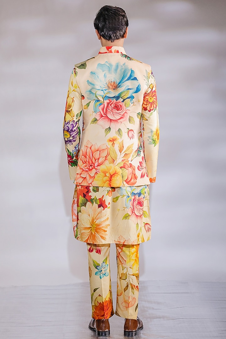 Yellow Crepe Floral Printed Nehru Jacket Set by Jubinav Chadha Men at Pernia's Pop Up Shop