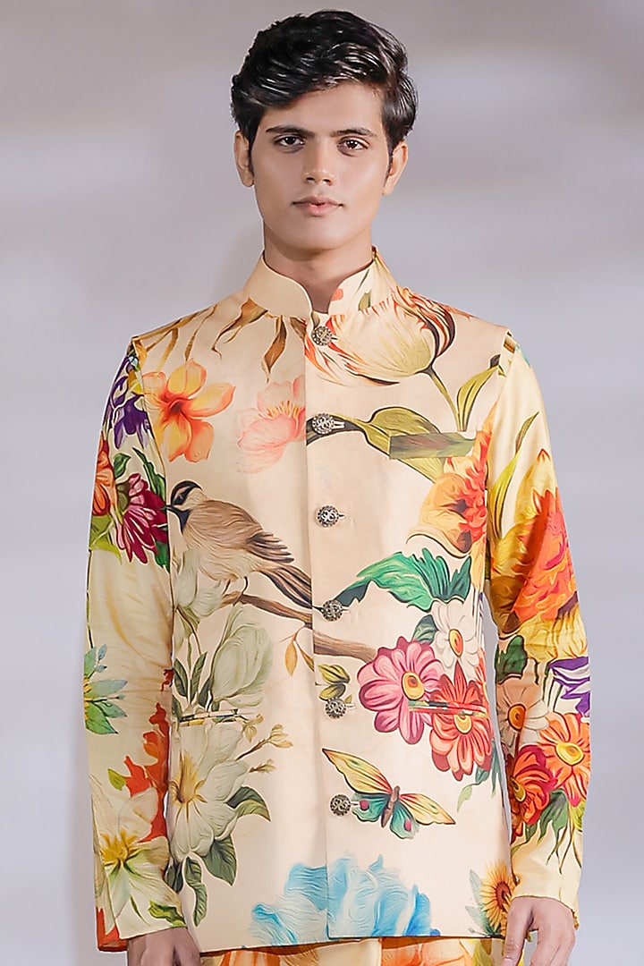 Yellow Crepe Floral Printed Nehru Jacket Set by Jubinav Chadha Men at Pernia's Pop Up Shop
