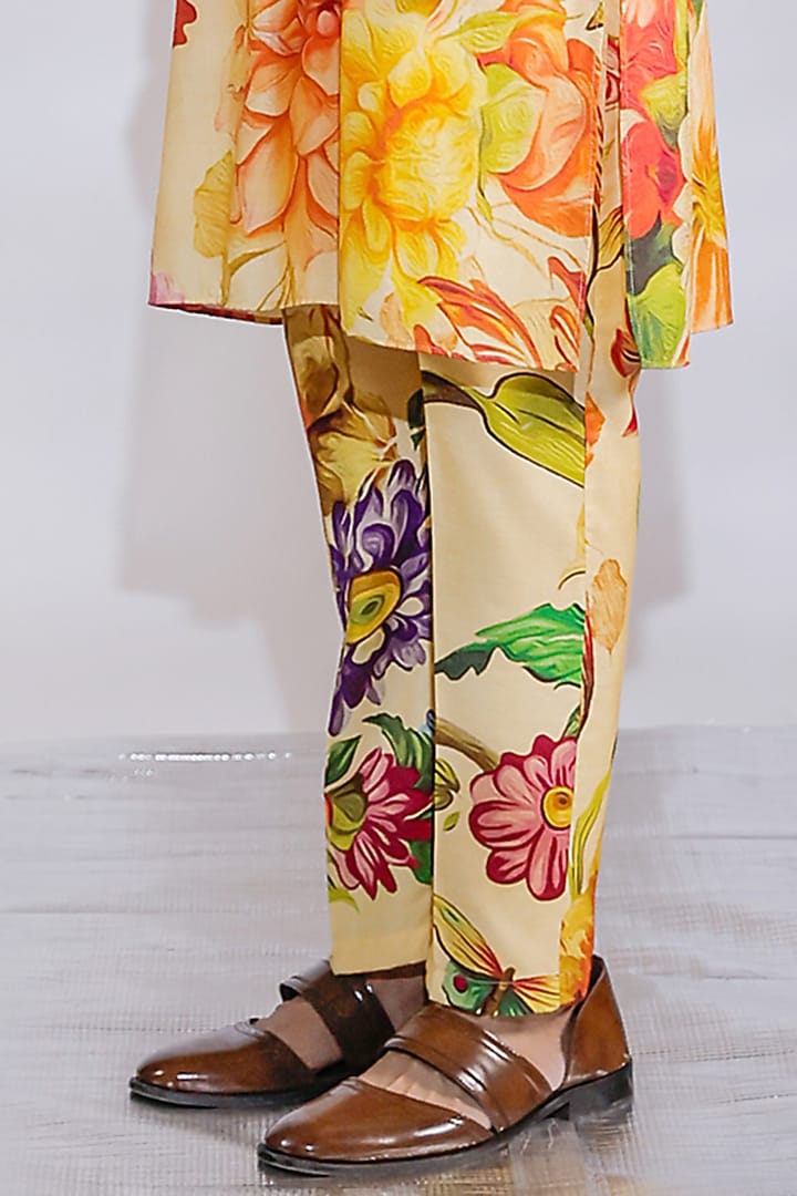 Yellow Crepe Floral Printed Nehru Jacket Set by Jubinav Chadha Men at Pernia's Pop Up Shop