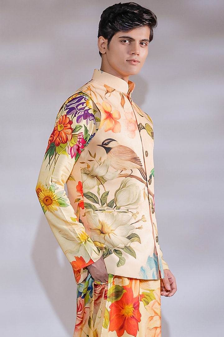 Yellow Crepe Floral Printed Nehru Jacket Set by Jubinav Chadha Men at Pernia's Pop Up Shop