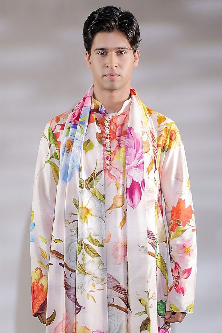 Blush Pink Cotton Silk Floral Printed Kurta Set by Jubinav Chadha Men at Pernia's Pop Up Shop