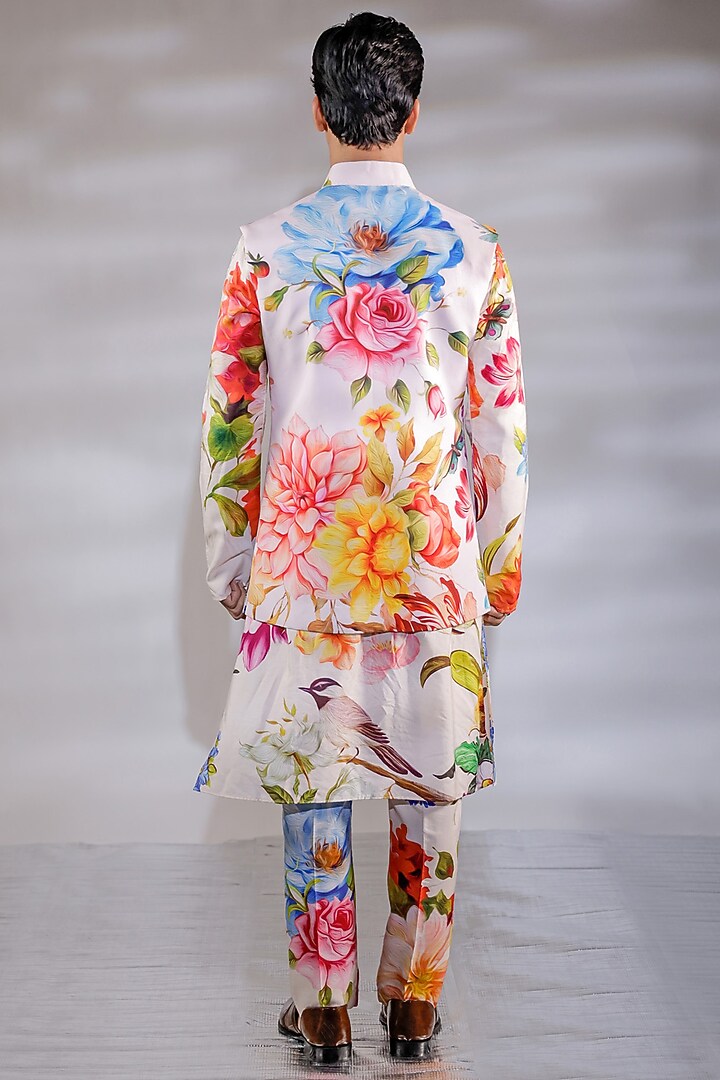 Blush Pink Crepe Floral Printed Nehru Jacket Set by Jubinav Chadha Men at Pernia's Pop Up Shop