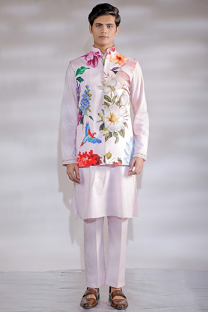 Blush Pink Crepe Floral Printed Nehru Jacket Set by Jubinav Chadha Men at Pernia's Pop Up Shop