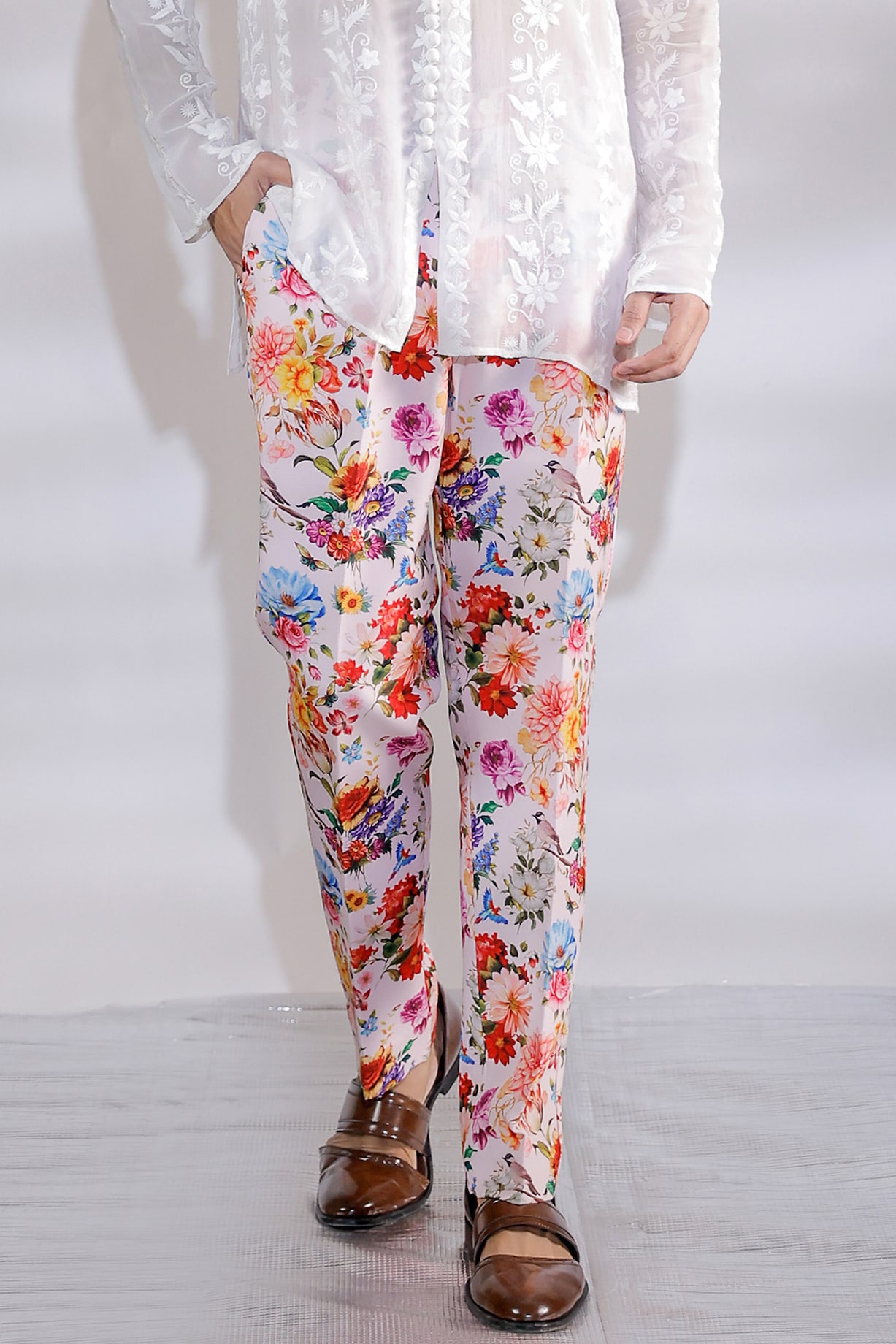 Blush Pink Crepe Floral Printed Pants Design by Jubinav Chadha Men at  Pernia's Pop Up Shop 2024
