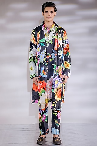 Black Glaze Cotton Floral Printed Kurta Set by Jubinav Chadha Men