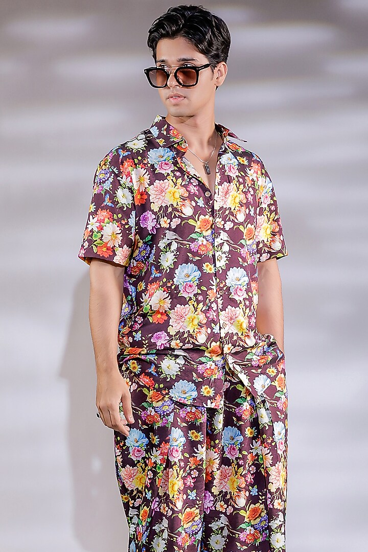 Wine Cotton Silk Floral Printed Co-Ord Set by Jubinav Chadha Men at Pernia's Pop Up Shop