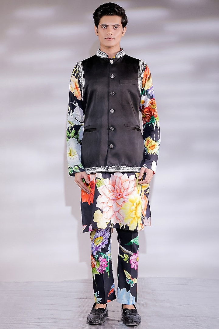 Black Satin Pearl Embroidered Nehru Jacket Set by Jubinav Chadha Men at Pernia's Pop Up Shop