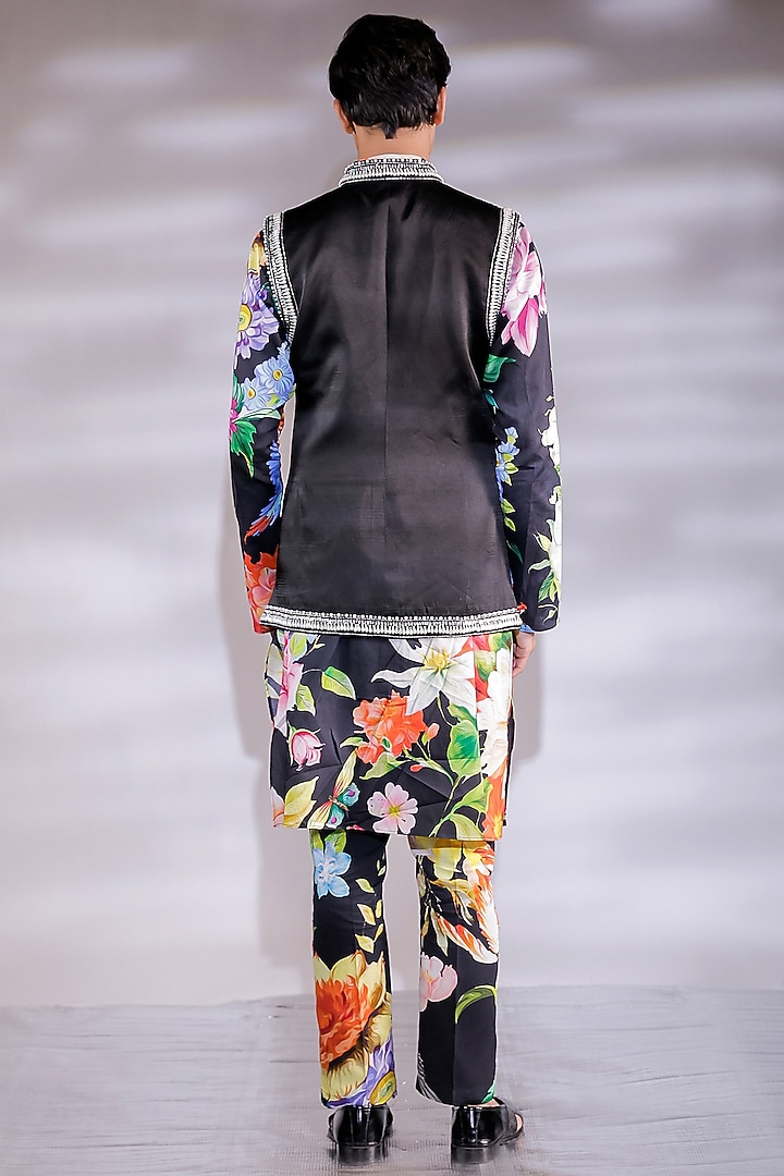 Black Satin Pearl Embroidered Nehru Jacket Set by Jubinav Chadha Men at Pernia's Pop Up Shop