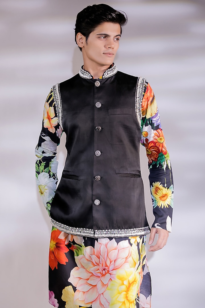 Black Satin Pearl Embroidered Nehru Jacket Set by Jubinav Chadha Men at Pernia's Pop Up Shop