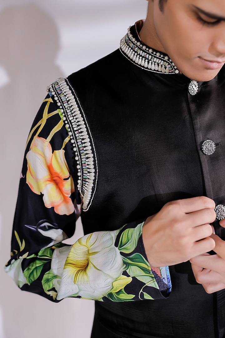 Black Satin Pearl Embroidered Nehru Jacket Set by Jubinav Chadha Men at Pernia's Pop Up Shop