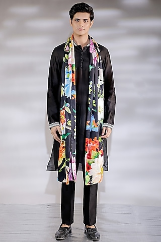 Black Cotton Silk Pearl Embroidered Kurta Set by Jubinav Chadha Men