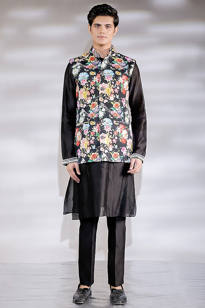 Black Glaze Cotton Floral Printed Nehru Jacket Set by Jubinav Chadha Men