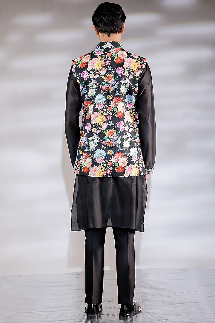 Black Glaze Cotton Floral Printed Nehru Jacket Set by Jubinav Chadha Men at Pernia's Pop Up Shop
